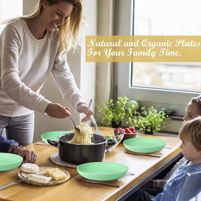 Wrova Wheat Straw Plates - 10 Inch Unbreakable Dinner Plates Set of 8 - Dishwasher & Microwave Safe Plastic Plates Reusable for Kitchen and Camping (Light Green)