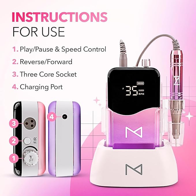 M Mase- Professional Nail Drill Machine - Coreless 2-in-1 Nail File - Electric, Cordless, 35000 RPM, HD Display - Electric Nail Drill for Professional & Home Use (Rose Gold)-BrightBean Baby