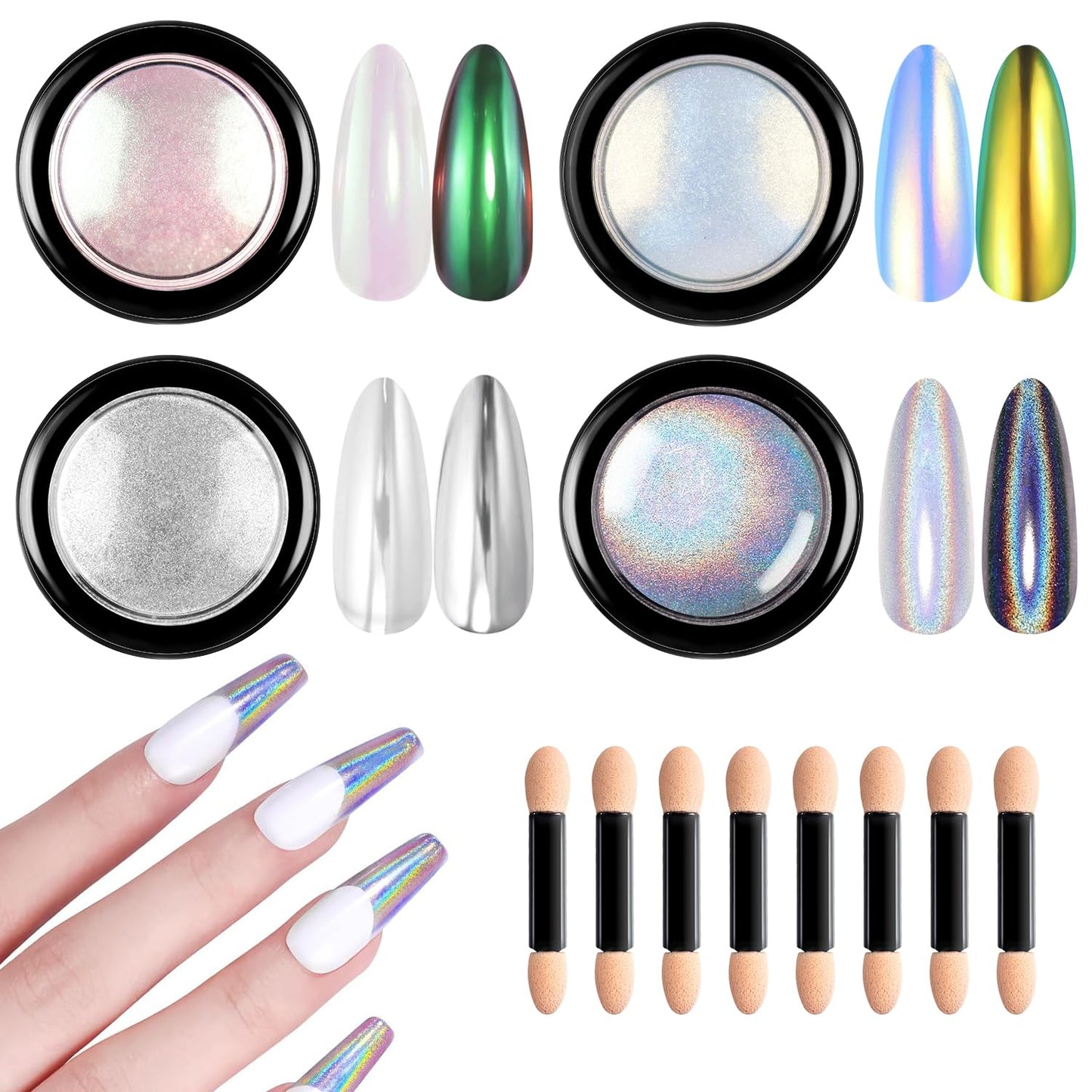 Chrome Nail Powder 4 Jars【Large Capacity 1g】Metallic Mirror Pearl Holographic Pigment Powder, Chrome Powder for Nails for Manicure Nail Art Decoration Sets-BrightBean Baby