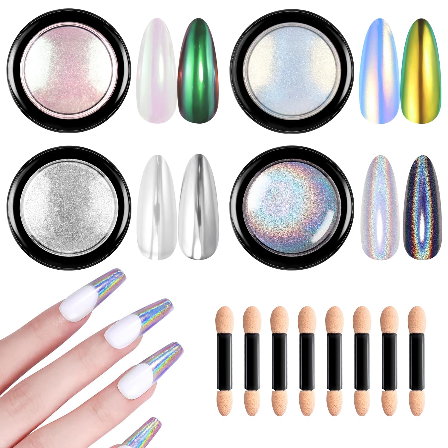 Chrome Nail Powder 4 Jars【Large Capacity 1g】Metallic Mirror Pearl Holographic Pigment Powder, Chrome Powder for Nails for Manicure Nail Art Decoration Sets-BrightBean Baby