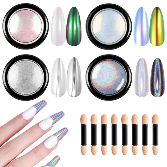 Chrome Nail Powder 4 Jars【Large Capacity 1g】Metallic Mirror Pearl Holographic Pigment Powder, Chrome Powder for Nails for Manicure Nail Art Decoration Sets-BrightBean Baby