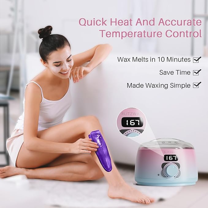 BLITZWAX Brazilian and Bikini Waxing Kit for Women, Hard Wax Warmer for Face, Legs and Body, At Home Hair Removal Kit, Beginner Friendly, Quick Heating, Pink and Blue Gradient Color-BrightBean Baby