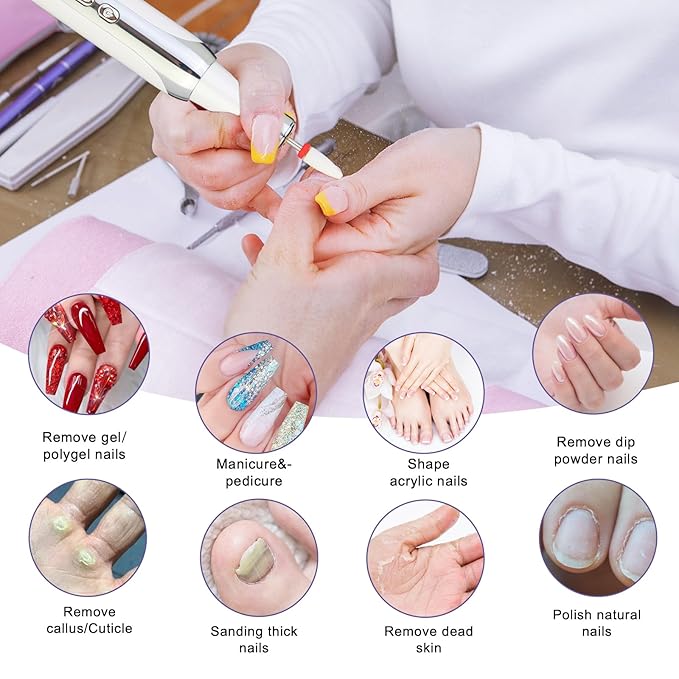 Electric Nail Drill File Cordless,Portable Rechargeable Nail File Kit for Acrylic & Gel Nails,Professional Efile for Manicure Pedicure Polishing,with 12 Nail Drill Bits 31 Sanding Bands,White-BrightBean Baby