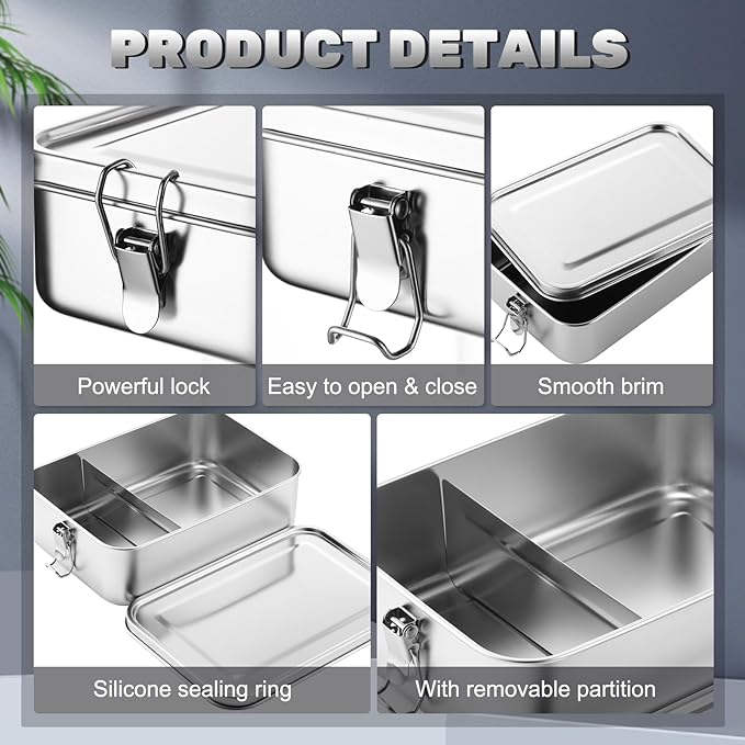 Umigy 8 Pcs Stainless Steel Food Containers 1400ml Metal Bento Lunch Box Stainless Steel Food Storage Containers, Lockable Clips to Leak Proof, Reusable Dishwasher Snack Boxes for Work