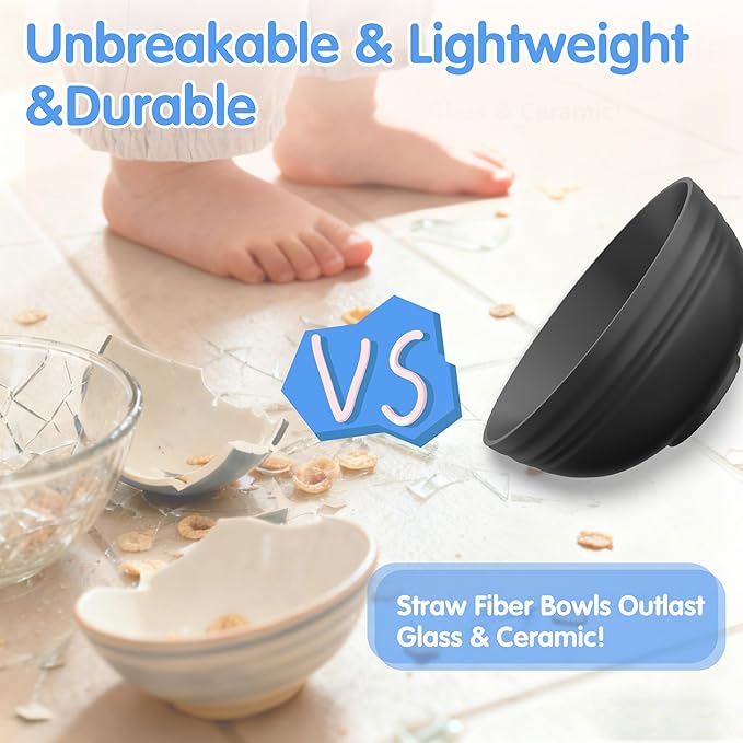 Quatish 10 PCS Unbreakable Cereal Bowls,Dishwasher & Microwave Safe Wheat Straw Bowls, Easy-to-Clean Lightweight Snack & Soup Bowl,Multi-Color Portable for Picnics Plastic Bowls Set, Black