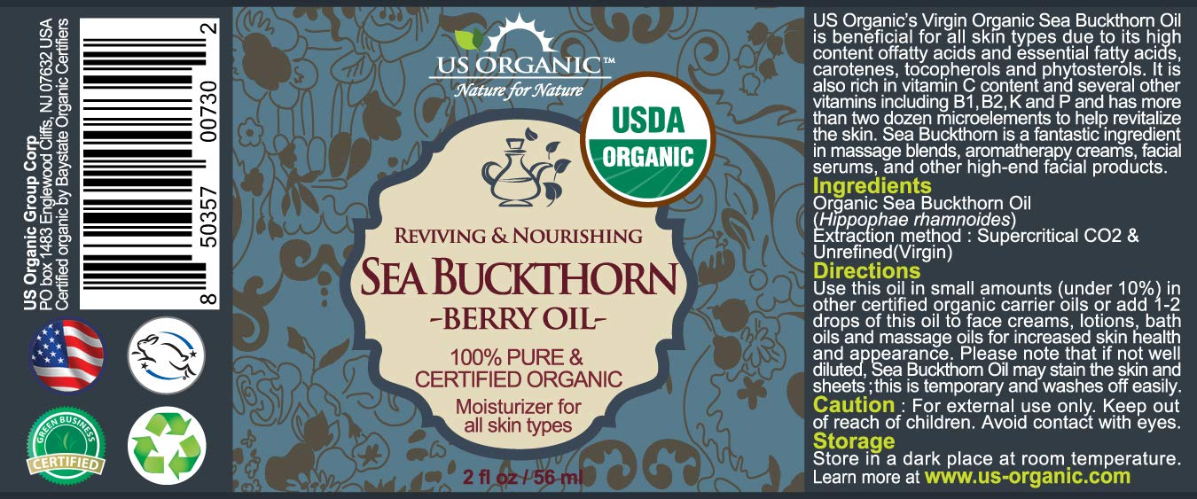 US Organic Sea Buckthorn Berry (Fruit) Oil, Supercritical CO2 extracted, USDA Certified Organic,100% Pure Virgin, Unrefined in Amber Glass Bottle, Face, Hair, spot Treatment, Anti Aging, 2 oz (56 ml)-BrightBean Baby