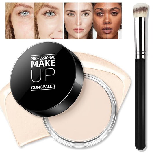 Cream Concealer Full Coverage Makeup, Matte Color Correcting Concealer with Brush, Waterproof, Conceals Blemish, Pores and Spots, Under Eye Makeup Concealer for Dark Circles (#01 IVORY WHITE)-BrightBean Baby