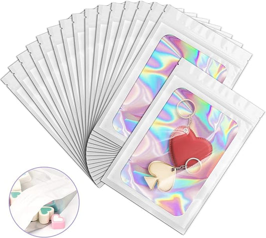100 Pieces Smell Proof Mylar Bags, Holographic Packaging Bags, Resealable Odor Foil Pouch Zipper Bag with Clear Window for Food Storage and Lipgloss, Jewelry Lash(White, 4 x 6 Inch)-BrightBean Baby