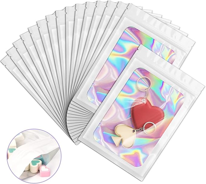 100 Pack Holographic Bags, Smell Proof Packaging Bags, Clear Window Resealable Odor Foil Pouch Mylar Bag for Food Storage and Lipgloss, Jewelry Lash (White, 3 x 4.7 Inch)-BrightBean Baby