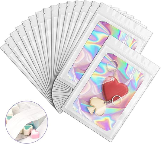 100 Pack Holographic Bags, Smell Proof Packaging Bags, Clear Window Resealable Odor Foil Pouch Mylar Bag for Food Storage and Lipgloss, Jewelry Lash (White, 3 x 4.7 Inch)-BrightBean Baby