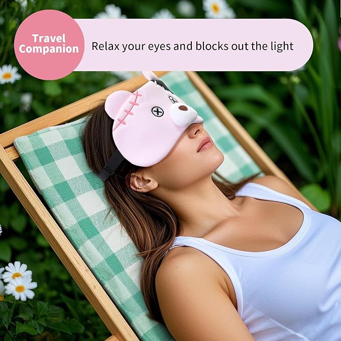 PERFECTSIGHT Sleep Eye Masks, Cute Plush Sleep Eye Cover Lightweight Adjustable Eyeshade Faux Fur Mask Cover for Women Men Kids Sleep Travel Nap, Pink Pudding Bear-BrightBean Baby