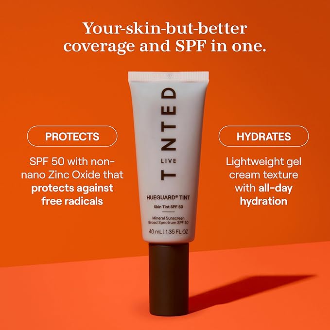Live Tinted Hueguard Skin Tint SPF 50 - Tinted Mineral Sunscreen with Light-Medium Buildable Coverage With a Hydrating and Radiant Finish - Water and Sweat Resistant, 1.35 fl oz - Shade 04-BrightBean Baby