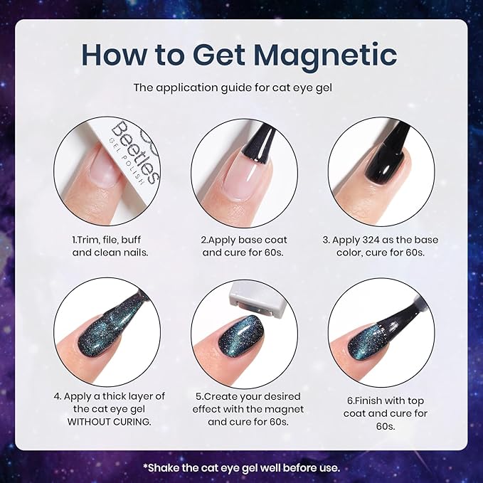 Beetles Cat Eye Gel Polish - Milky Way 6 Colors Gel Polish Set, Black Purple Blue Temperature Changing Glitter Nails, Halloween Galaxy Nails Kit with Magnet Stick Soak Off Uv Lamp Gel-BrightBean Baby