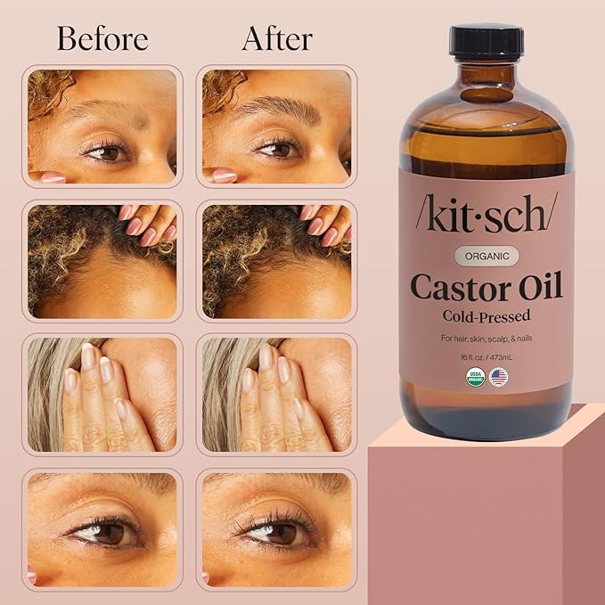 Kitsch Organic Castor Oil for Hair Growth - 100% Pure Castor Oil, Organic Cold Pressed Unrefined Glass Bottle for Face, Skin, Lashes, Brows, Scalp, Nails & Belly Button - Hexane Free, USDA - 16 oz-BrightBean Baby