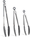 COOK WITH COLOR Stainless Steel Silicone Tipped Kitchen & BBQ Tongs Set, 3 Pc. Tongs, Black