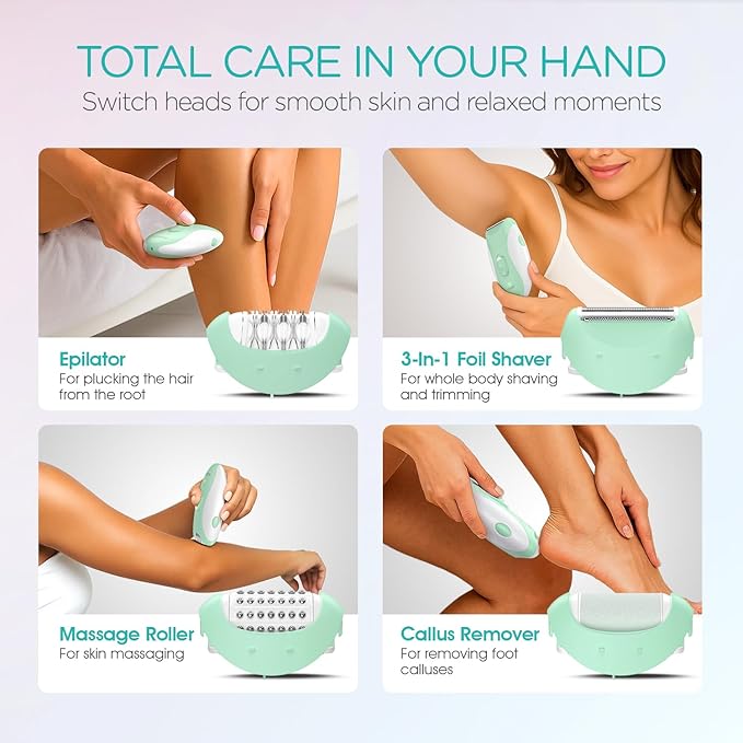 Epilator for Women-Cordless Epilators Hair Removal for Women, 4-in-1 Electric Razor Hair Remover, 2 Speeds & 21 Tweezers for Face Legs Arms Armpit Bikini, Green HR310-BrightBean Baby