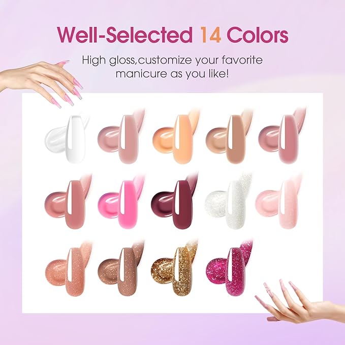 ROSALIND Poly Nail Gel Colors Kit -14 Colors +72 Nail Art Accessories kit Glitter Poly Nails Gel Kit Starter Kit with Mini UV Lamp Slip Solution Nude Pink Poly Nail Art for Beginners with Everything-BrightBean Baby