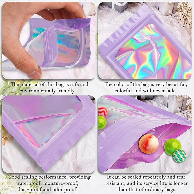 ANZNKU 100 Pcs Smell Proof Mylar Resealable Bags, Holographic Packaging Bags, Resealable Odor Foil Pouch Zip Bag with Clear Window for Food Storage and Lipgloss, Jewelry Lash (Purple, 5.5 x 7.9 Inch)-BrightBean Baby