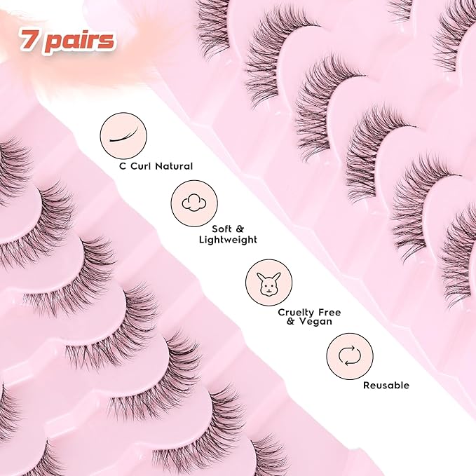 Lashes Natural Look False Eyelashes Wispy 13mm Eye Lashes Pack with Thin Cotton Band C Curl Fake Eyelashes 3D Volume For Daily Siligli Lash 7 Pair-BrightBean Baby