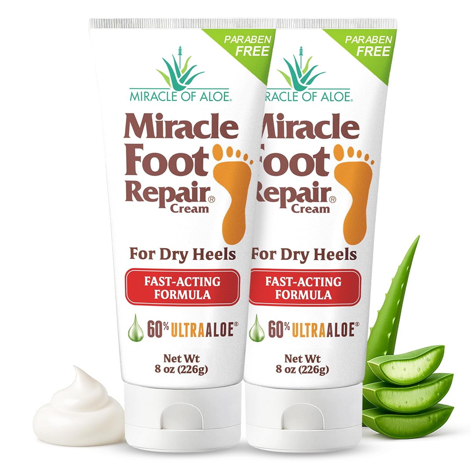 Miracle Foot Repair Cream (8 oz / 2-Pack) Repairs Dry Cracked Heels and Feet, 60% Pure UltraAloe Moisturizes, Softens, and Repairs-BrightBean Baby