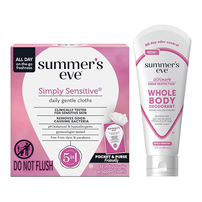 Summer's Eve, Whole Body Deodorant for Women, Ultimate Odor Control, Aluminum Free Deodorant, 3 Fl Oz + Simply Sensitive Daily Refreshing Feminine Wipes, Removes Odor, pH Balanced, 12 Count-BrightBean Baby