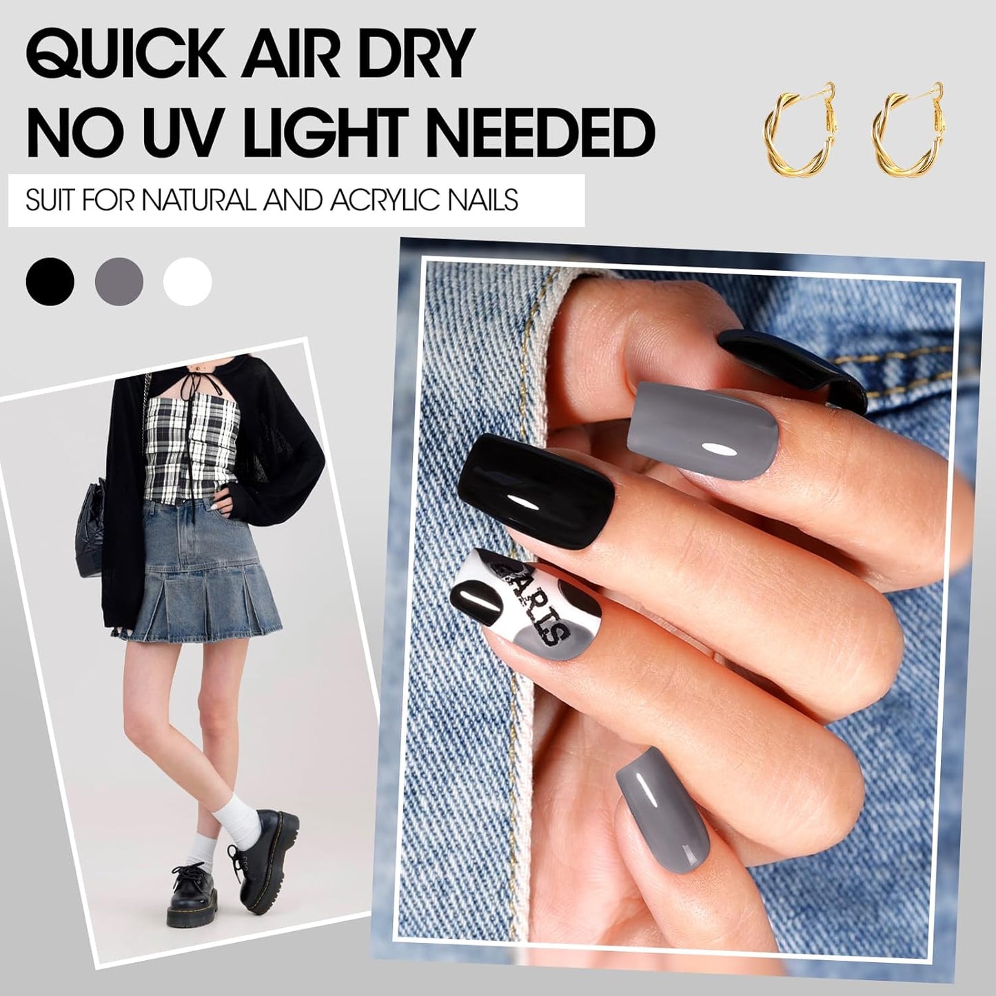 Gellen 4 Colors Black White Gray Nail Polish Set & Base Top Coat, Fall Winter Trendy Winter Black White Grey Regular Nail Polish Quick Air Dry Set for Women DIY Nails Home Salon, Hema Free, Toxin Free-BrightBean Baby