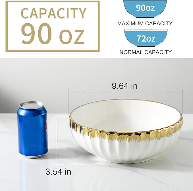 LETAOTAO Serving Bowls, 10 inch Extra Large Salad Bowl Set of 2, Ceramic Bowl with Gold Trim, Kitchen Decorative Bowls Porcelain Mixing Bowls for Salad, Soup, Pasta and Dinner