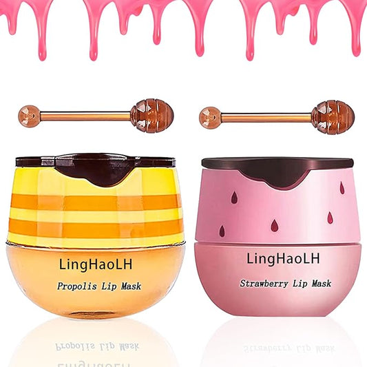 2PCS Bee Lip Balm,Hydrating Honey Pot Lip Balm with Stick,Non-Greasy Silky Sleeping Lip Mask Set,Long Lasting Lip Scrubs Moisturizer for Dry Cracked Lips（Honey ＋Strawberry）-BrightBean Baby