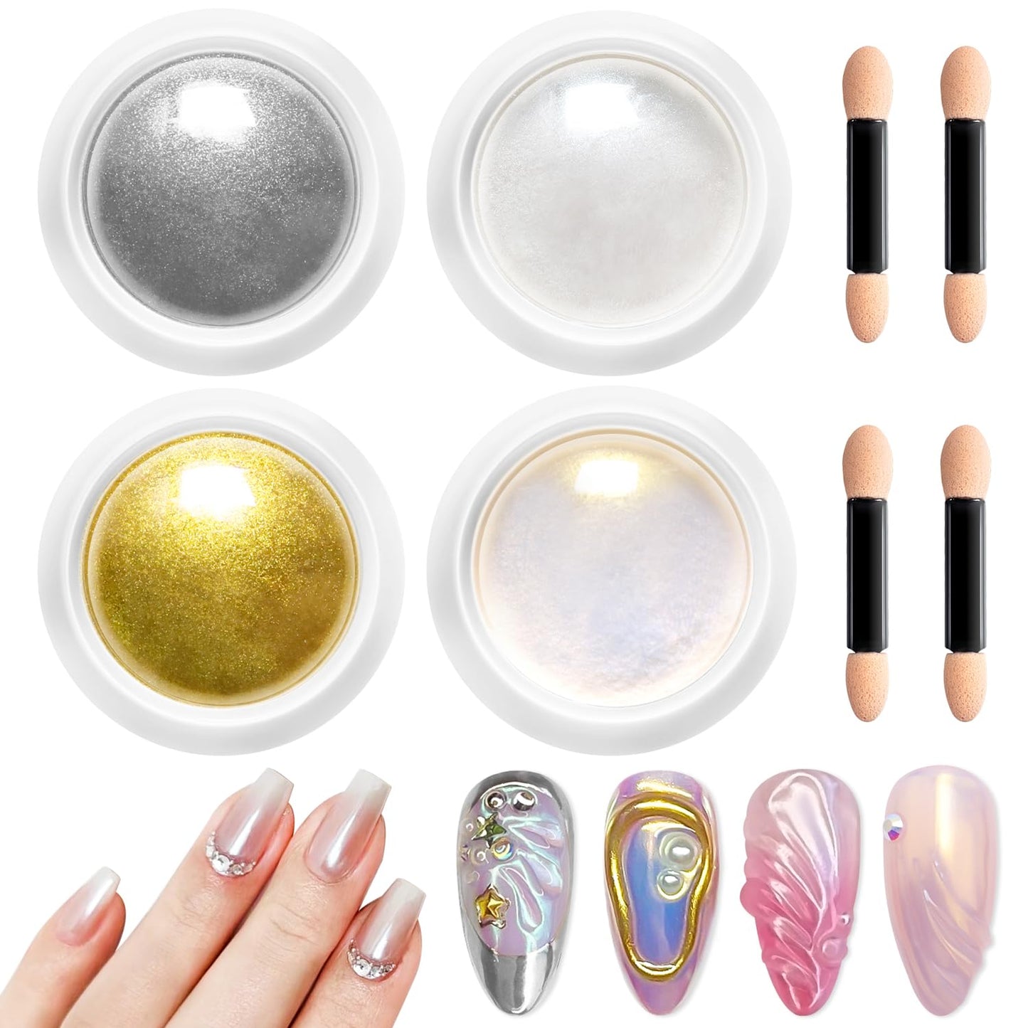 Gold Chrome Nail Powder BISHENGYF -【Metallic Mirror Effect】Pearl Chrome Nail Powder White Aurora Mermaid Iridescent Silver Nail Chrome Powder Metallic Mirror Glitter Pigment Dust For Nail Art DIY-BrightBean Baby