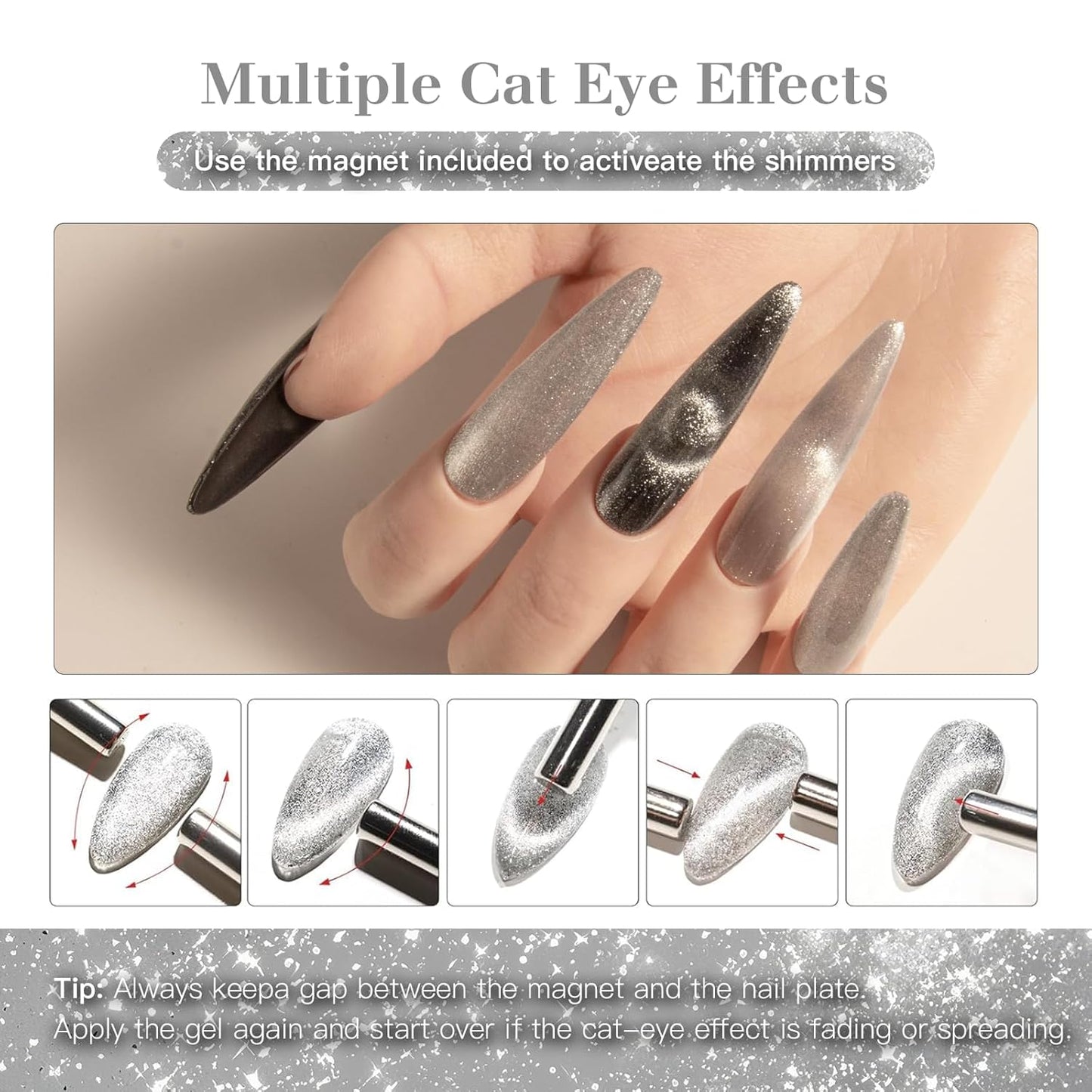 Cat Eye Gel Nail Polish with Magnet Stick, 15ml Magnetic Gel, Create Stunning Cat Eye Effects for DIY Manicures, Long-Lasting, Salon-Quality Finish, Silver Glow-BrightBean Baby