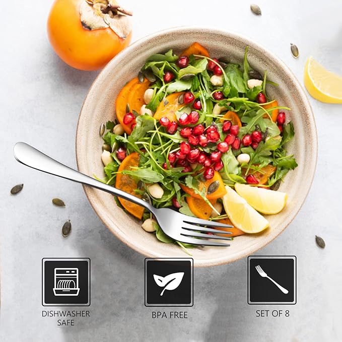 SANTUO Stainless Steel Salad Forks Set, 8-Piece Mirror Polished Table Forks Dinner Forks Flatware Set with Long Handle Use for Home, Restaurant or Camping, Dishwasher Safe (Silver 7.3 Inch)