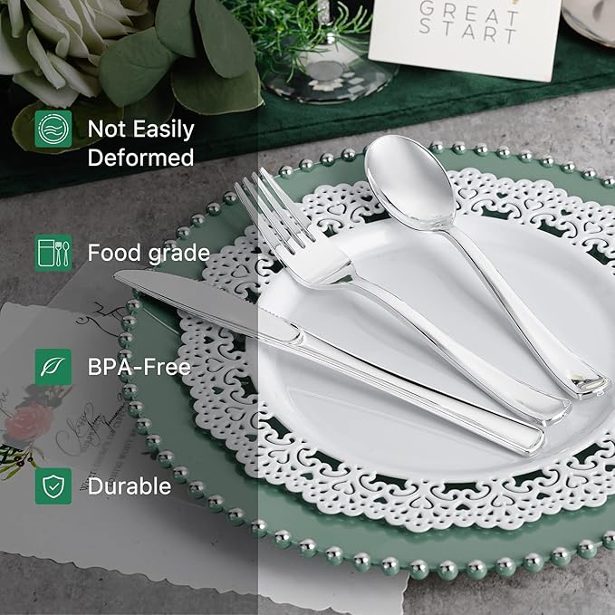 N9R 500PCS Silver Plastic Cutlery Set - 200 Forks, 150 Knives, 150 Spoons - Disposable, Premium, Sturdy - Silver, Plastic - Perfect for Gathering, Weddings, Parties