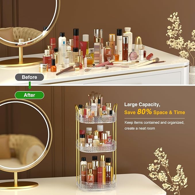 Awenia Rotating Makeup Organizer 360, Stackable Adjustable Large Capacity Cosmetic Storage Unit,Dresser Bathroom Kitchen Countertop Organizer with Metal Handle, Plus Size (Clear, 3 Tier)-BrightBean Baby