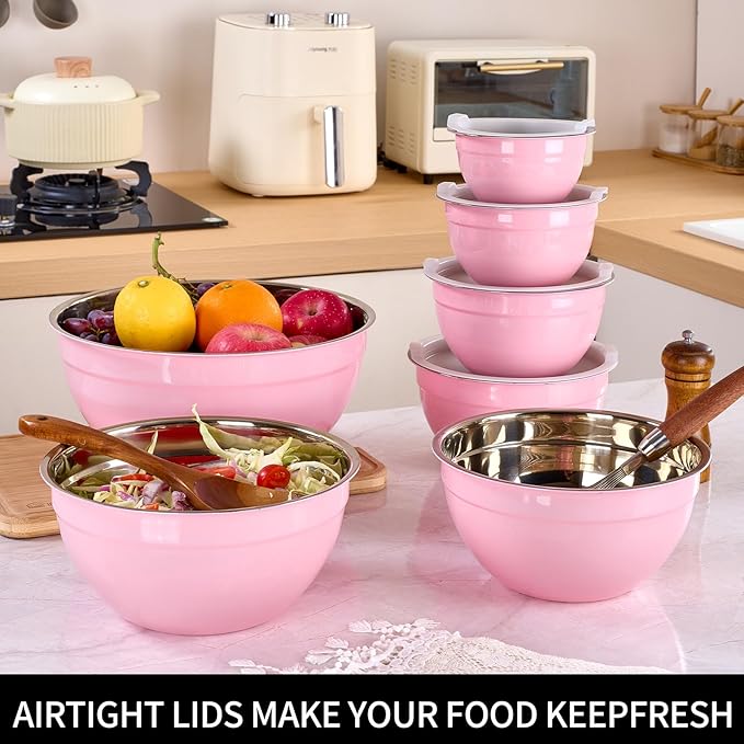 Pink Mixing Bowls with Lids Set of 7, Stainless Steel Nesting Bowl with Khaki Lid for Non-slip Mixing Prepping Storing Serving, 7 Sizes-7/3.6/2.7/2.1/1.5/1/0.8 QT