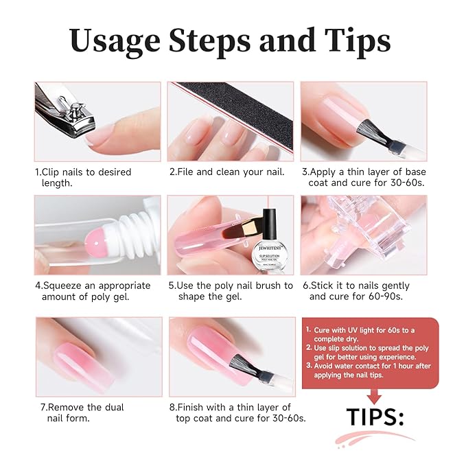 JEWHITENY Poly Nail Gel Set Clear Pink White Neutral Classic Color Poly Extension Gel With Base and Top Coat Slip Solution French Manicure for Home DIY Need U V Lamp Curing-BrightBean Baby