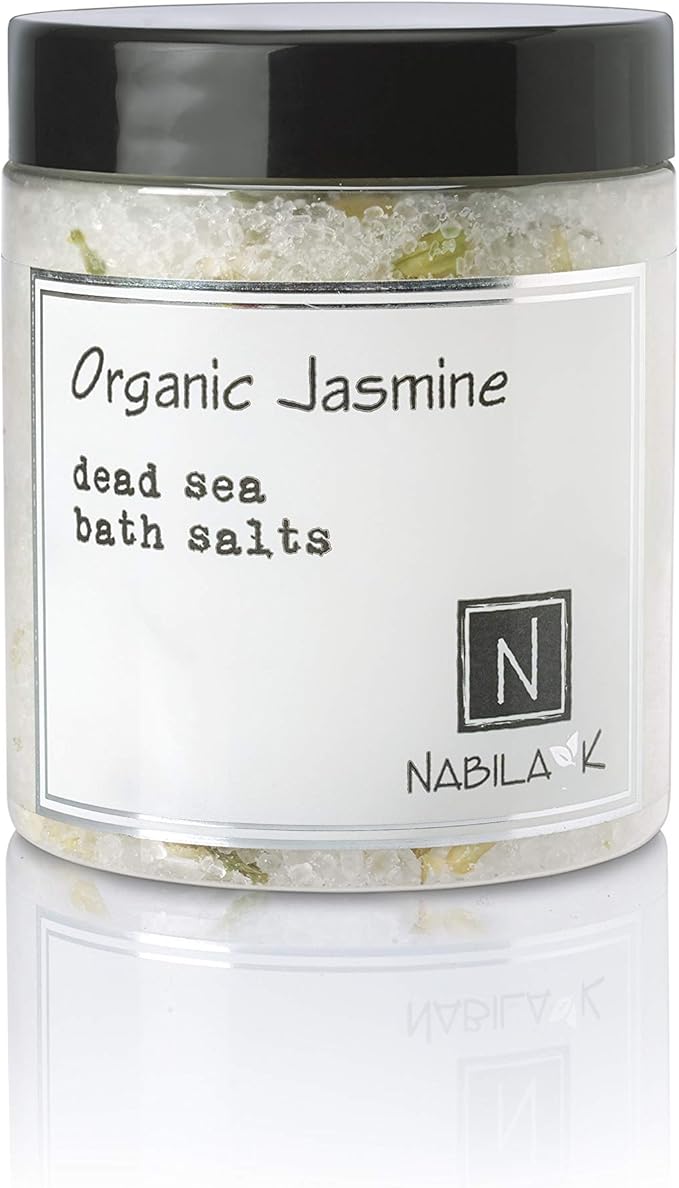 Organic Jasmine Bath Salts by Nabila K - Dead Sea Salt & Epsom Salt Scrub & Soak - Exfoliates & Hydrates Skin, Botanical Essential Oils - Bubble Bath Accessories for All Skins Types, 8 oz-BrightBean Baby