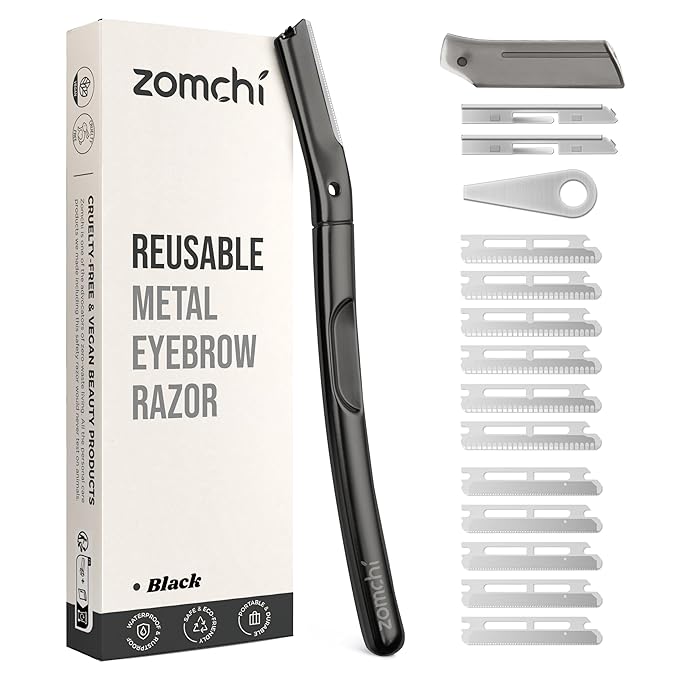 ZOMCHI Dermaplaning Tool for Face with 11 Refill Blades, Dermaplane Razor for Women and Men, Face Razor with Precision Silicone Cover, Eyebrow Razor, Facial Razor, Reusable Metal Handle - Matte Black-BrightBean Baby