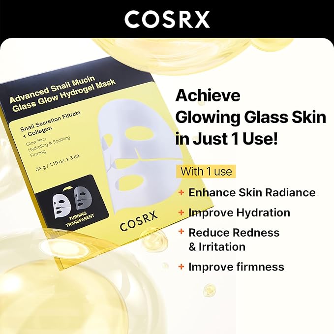 COSRX Advanced Snail Mucin Glass Glow Hydrogel Face Masks Skincare 3 EA, Collagen Face Mask, Travel Essentials, Overnight Face Mask, Korean Skin Care-BrightBean Baby
