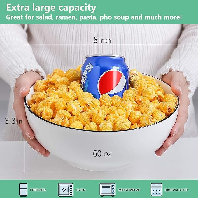 NJCHARMS Large Serving Bowls, 8'' Big Soup Bowl 60OZ Set of 3, White Ceramic Bowl for Kitchen, Pho Bowl for Pasta, Ramen, Soup, Fruit Vegetable, Microwave & Dishwasher Safe