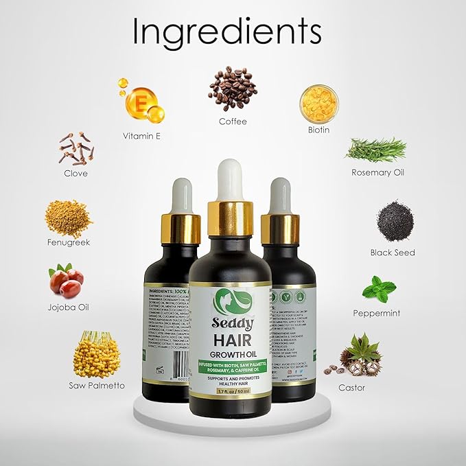 Seddy Hair Growth & Strengthening Oil with Caffeine, Rosemary, Castor, Biotin, Peppermint, Argan & Jojoba Oils - 1.7 Fl. Oz (Pack of 1)-BrightBean Baby