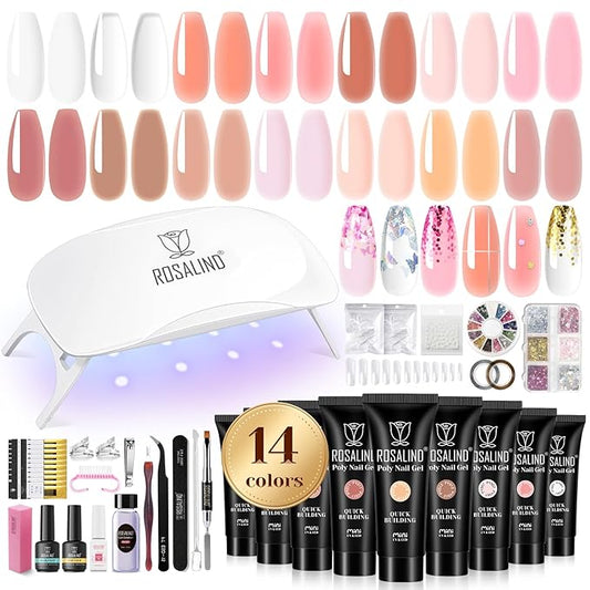 ROSALIND Poly Nail Gel Kit -14 Colors +72 Nail Art Accessories kit Nude Pink Poly Nails Gel Kit Starter Kit with Mini UV Lamp Slip Solution Basic Poly Nail Art Tools for Beginners with Everything-BrightBean Baby