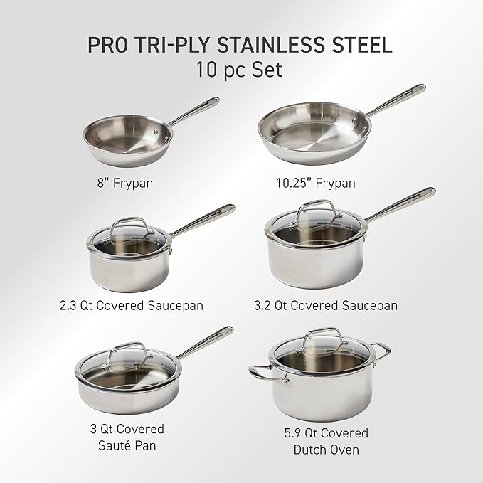 T-Fal Pro Tri-Ply Stainless Steel Cookware Set 10 Piece - Induction Compatible Silver