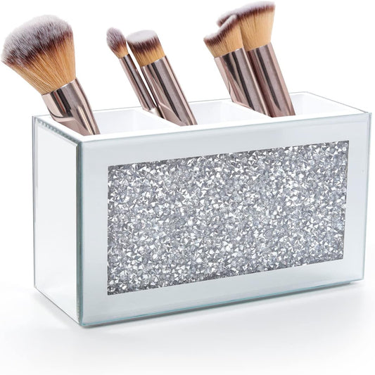 SWTHONY Silver Makeup Brush Holder Organizer, Bling 3 Slot Crushed Diamond Crystal Mirrored Cosmetic Brushes Storage, Eyeliners Eyebrow Pencil Display Case-BrightBean Baby