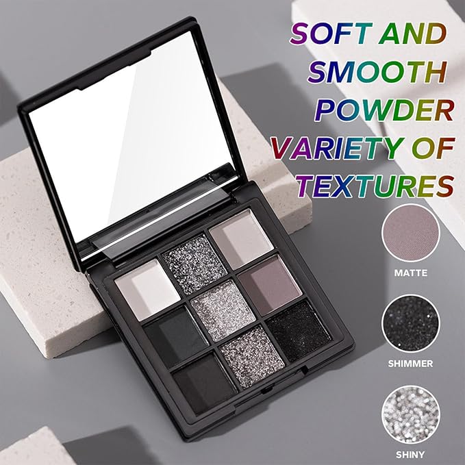 Erinde 9 Color Smokey Eyeshadow Palette, Highly Pigmented Matte & Glitter Shades,Black Silver Gray Eye Shadow Set for Halloween Makeup, Long-Lasting, Waterproof & Blendable, Reversal Star Smokey-BrightBean Baby