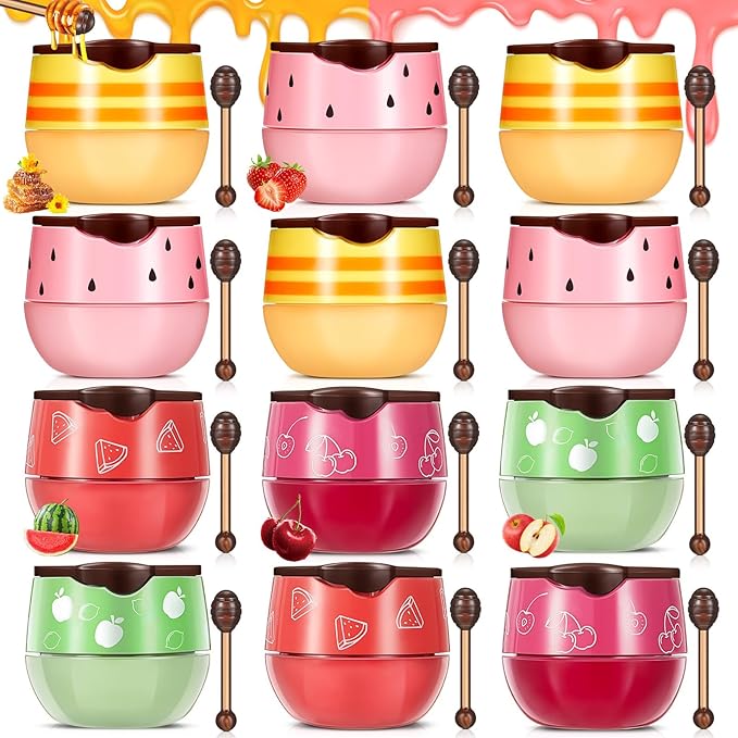 12 Pcs Bee Lip Balm Honey Pot with Brush Propolis Lip Mask Overnight, Moisturizing Hydrating Lip Sleeping Mask Prevention Dry and Cracked(Honey+Strawberry+Watermelon+Apple Lime+Cherry)-BrightBean Baby