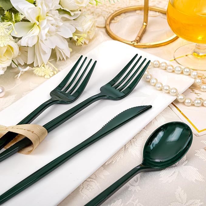 PULOTE 150PCS Green Plastic Silverware - Plastic Cutlery Set Disposable - Green Plastic Utensils Include 50 Forks, 50 Spoons, 50 Knives for Party&Christmas