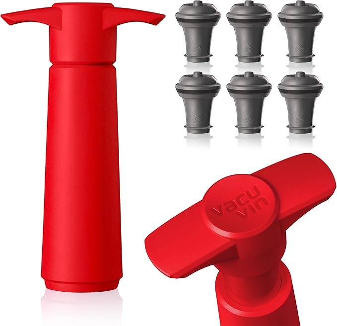 Vacu Vin Wine Saver Pump Red with Vacuum Wine Stopper - Keep Your Wine Fresh for up to 10 Days - 1 Pump 6 Stoppers - Reusable - Made in the Netherlands
