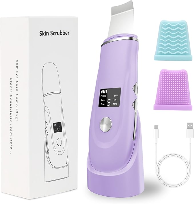 Skin Scrubber Facial Spatula - 4-in-1 Deep Cleansing Tool for Pore Extraction, Fast Charging Dock Blackhead Remover Face Spatula for Facial Skincare Women Gift (Purple)-BrightBean Baby