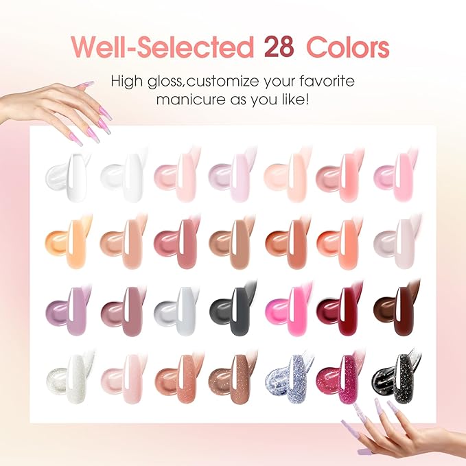 ROSALIND 28 Colors Poly Nail Gel Kit with Mini U V/LED Lamp White Nude Poly Nails Gel Kit Starter Kits With Slip Solution Pink Extensions Set for Nail Manicure Beginner-BrightBean Baby