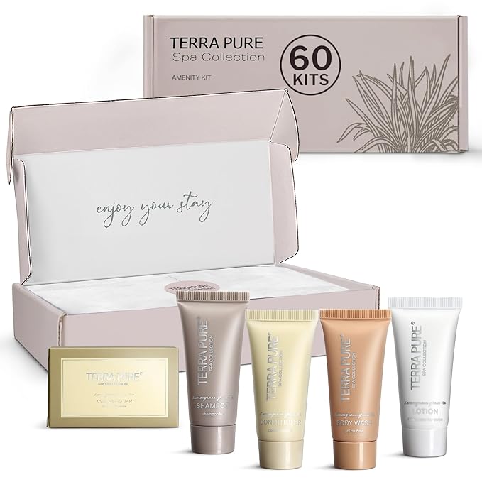 Terra Pure Spa Collection Amenity Kit | Hotel Toiletries | Bulk Set 0.85 oz Travel Size Shampoo,Conditioner, Lotion,Body Wash & Massage Bar for Guest Hospitality AirBnB/Vacation Rentals | 60 sets/case-BrightBean Baby